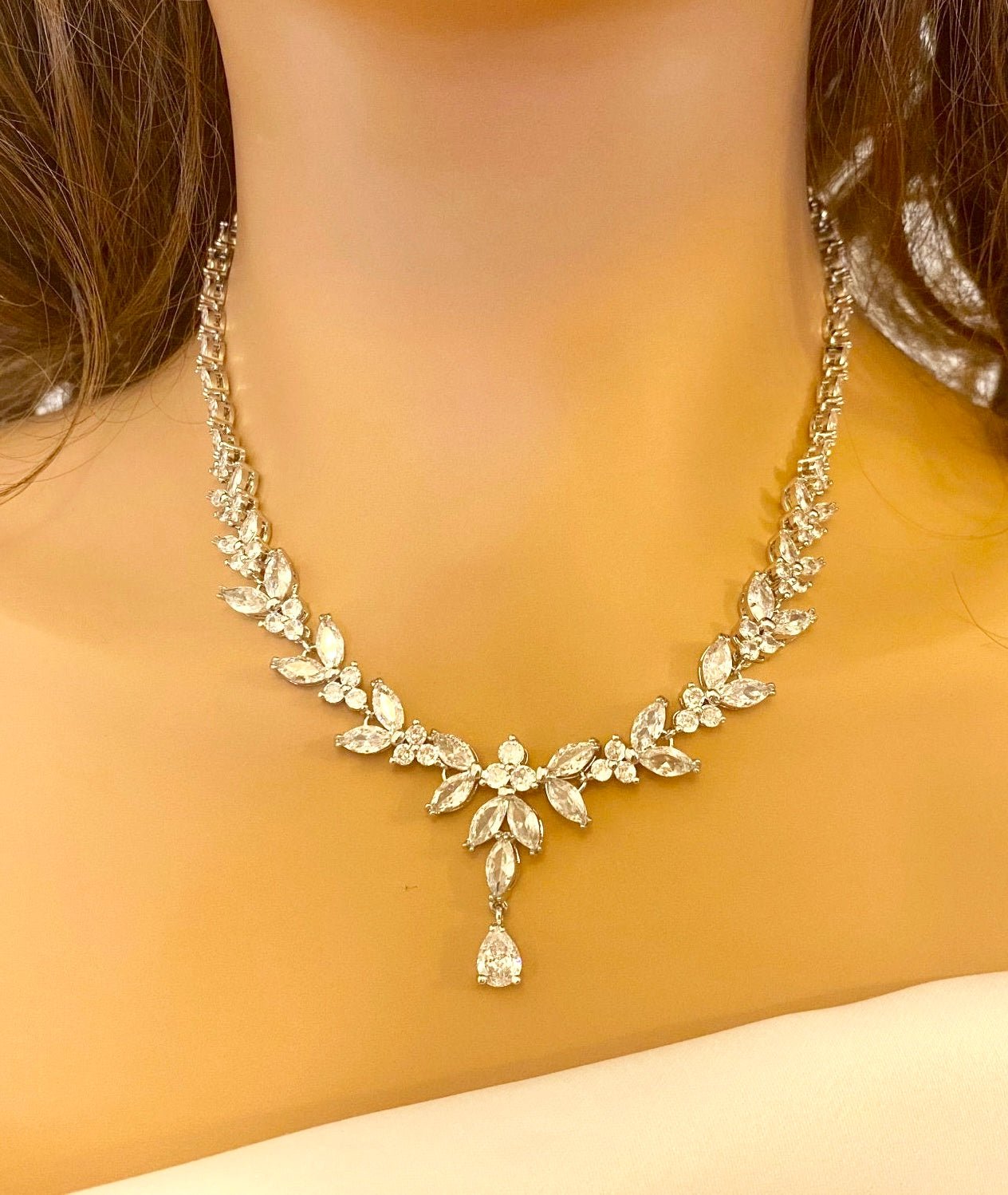 Crystal CZ Wedding Necklace Set, Gift for Her, Bridal Jewellery, Silver, Gold & Rose Gold - Floralific