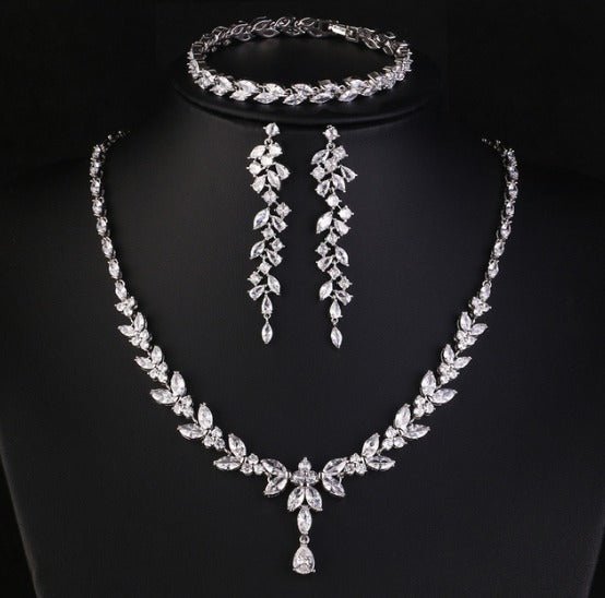 Crystal CZ Wedding Necklace Set, Gift for Her, Bridal Jewellery, Silver, Gold & Rose Gold - Floralific