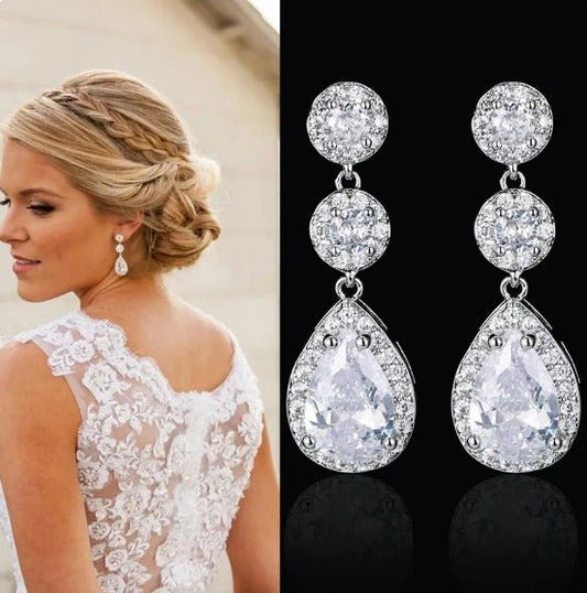 CZ Crystal Dangle Earrings Gift for Her Tear Drop Earrings Wedding Jewellery Silver Bridal Jewelry - Floralific